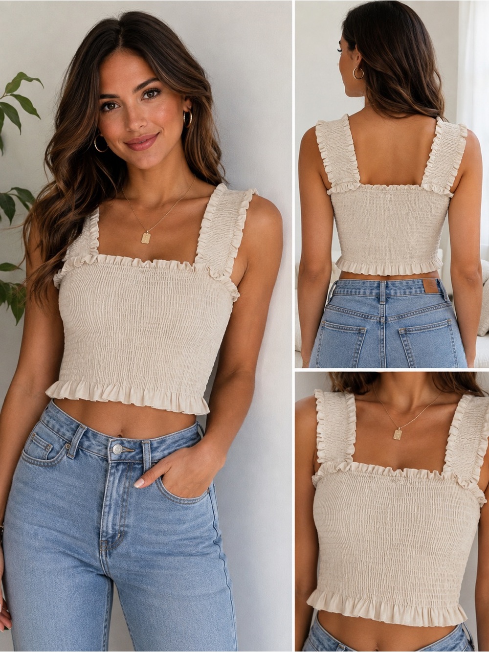 Coquette romantic cream smocked ruffle crop top Endless Blu NWT